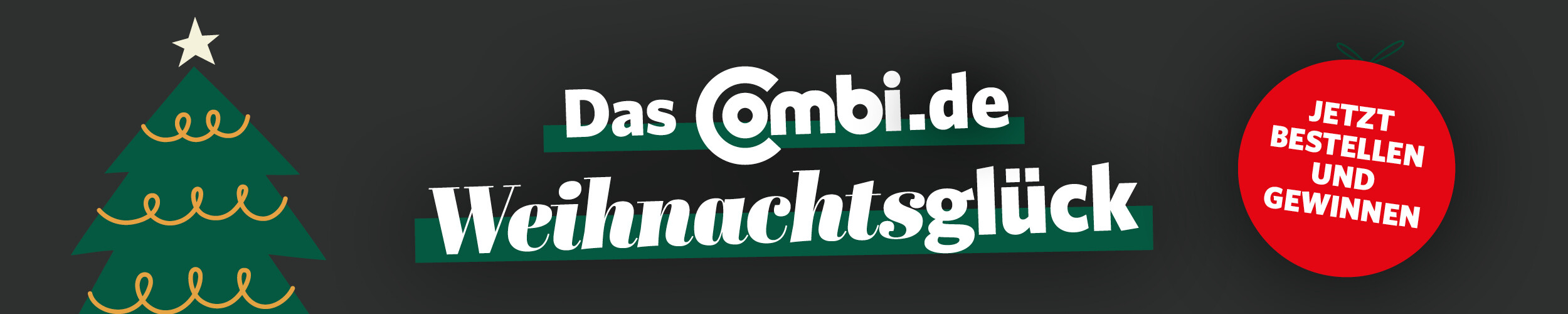 Grafik mit dunkelgrünen Hintergrund. Rechts ist die Grafik einen gemalten Weihnachtsbaumes. In der Mitte steht der Titel und links ein roter Kreis mit dem Spruch "Jetzt bestellen und gewinnen"