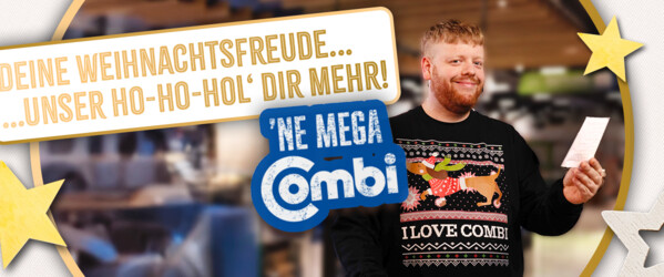 Grafik mit Eierschalfarbenen  Hintergrund. Über der Grafik tanzen goldene und hölzerner Sterne. In der Mitte ist runder ist ein Rundes mit Gold umrahmtes Bild. Der Hintergrund des Bildes ist ein Combi Markt, Ein sympathischer jungen Mann in schnuckligem Weihnachtspullover steht im Vordergrund, sieht den Betrachter verschmitzt an und  hält einen Kassenbon hoch. In der Mitter des Bildes steht der Titel.