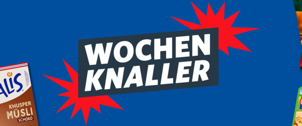 Grafik mit dunkel blauem Hintergrund. In der Mitte stehen das Wort "Wochenknaller" 2 kleine Explosionen umgeben das Wort. Der Rest der Grafik ist mit herumschwebenden Produkten gefüllt. z.B  Rama culinesse zum braten,  Gustavo Gusto Pizza und Chipfrisch ungarisch.