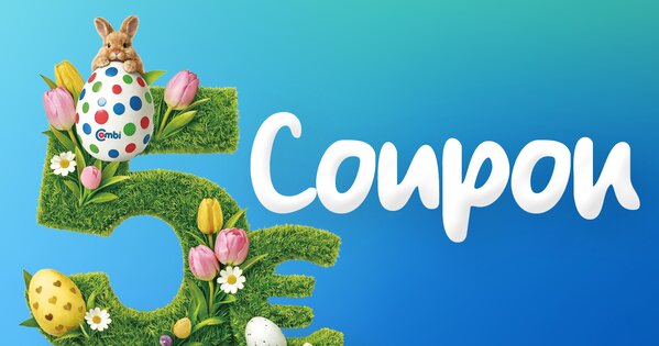 Eine Oster-Werbung für einen 5-Euro-Coupon mit Hase, Ostereiern und Blumen