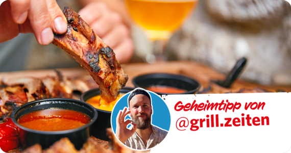 Abbildung von einem Stück gegrilltem Fleisch, welches in einen von drei verschiedenen Dips getunkt wird.