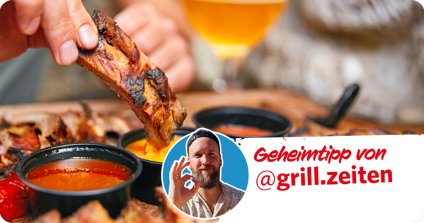 Abbildung von einem Stück gegrilltem Fleisch, welches in einen von drei verschiedenen Dips getunkt wird.