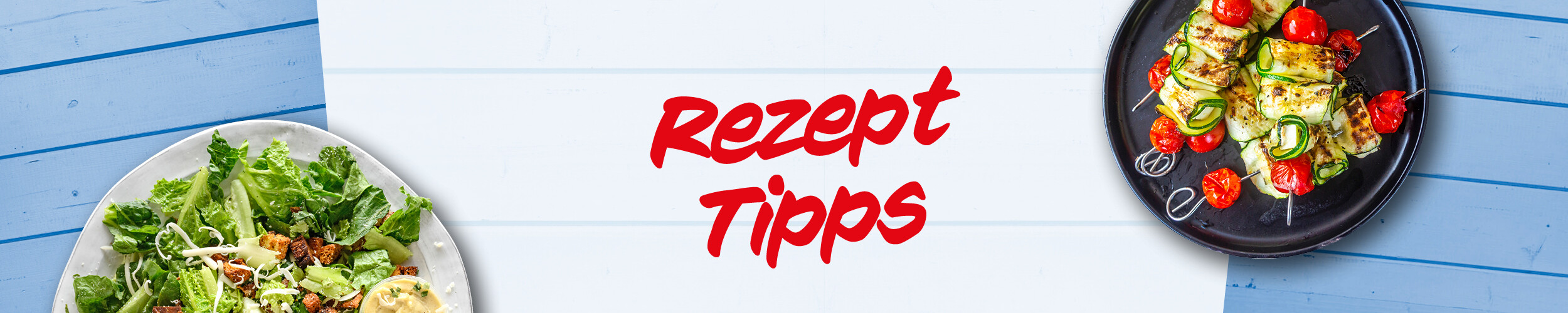 Abbildung mit rotem Schriftzug "Rezept Tipps" und zwei Gerichten auf Tellern