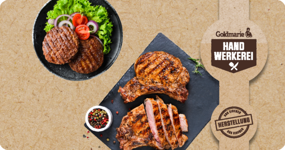 Abbildung von einem Teller, auf welchem sich Salat und zwei gegrillte Burgerpatties befinden - daneben eine Tafel mit zwei gegrillten Steaks und Pfeffer
