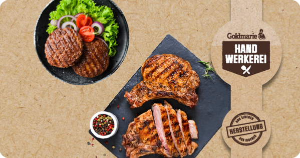 Abbildung von einem Teller, auf welchem sich Salat und zwei gegrillte Burgerpatties befinden - daneben eine Tafel mit zwei gegrillten Steaks und Pfeffer