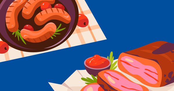 Illustrierte Grillmotive auf blauem Hintergrund: Oben links eine Schale mit gegrillten Würstchen und Kräutern, unten rechts aufgeschnittenes Grillfleisch mit Dip und Garnitur.