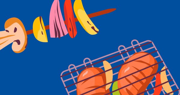 Illustrierte Grillszene auf blauem Hintergrund: Bunte Gemüsestücke auf einem Spieß und zwei gegrillte Würstchen auf einem Grillrost.