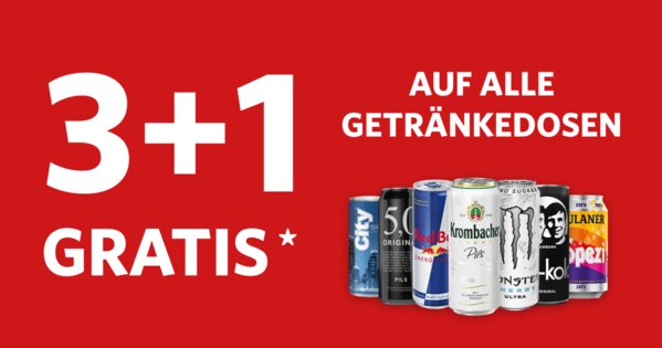 Rote Werbegrafik mit der Aktion „3+1 Gratis“ auf alle Getränkedosen, abgebildet sind verschiedene Bier-, Energy- und Softdrinkdosen.