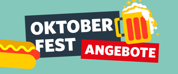 Bunte Grafik zu den Oktoberfest-Angeboten mit Bierkrug, Hotdog, Brezel und Lebkuchenherz.
