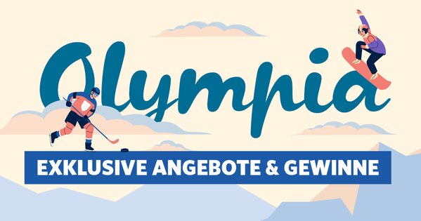 Illustration mit dem Schriftzug „Olympia – Exklusive Angebote & Gewinne“, ergänzt durch sportliche Figuren vor einer stilisierten Berglandschaft.