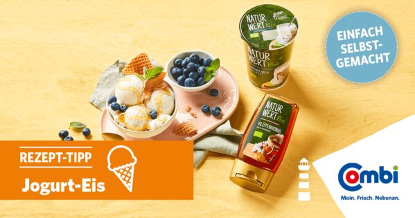 Gelber Tisch mit Jogurt-Eis und einer Schale Heidelbeeren dazu Naturwert Bio Jogurt und Blütenhonig