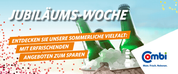 Himmelhintergrund mit Konfetti und gekühlten Flaschen mit Combi-Logo