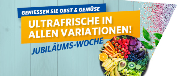 Blauer Hintergrund mit Obstschale im Vordergrund und Textzeile: Utrafrische in allen Variationen