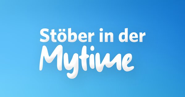 Ein blauer Hintergrund mit der Aufschrift "Stöber in der Mytime"
