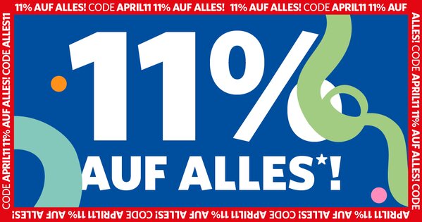 Blauer Werbebanner mit der Aufschrift „11 % auf alles!“ und dem Rabattcode APRIL11, dekoriert mit farbigen grafischen Elementen und rotem Rand mit wiederholtem Aktionstext
