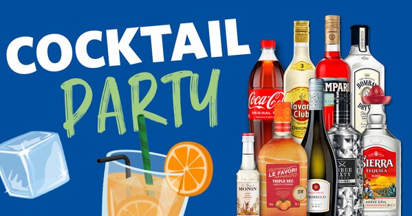 Cocktail-Party-Aktionsmotiv mit verschiedenen Spirituosen und Getränken sowie einem Cocktailglas, einer Orangenscheibe und einem Eiswürfel vor blauem Hintergrund.