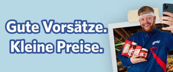 Werbebanner mit dem Text „Gute Vorsätze. Kleine Preise.“ und einer Person, die mit einem Smartphone ein Selfie im Supermarkt macht und Produkte in der Hand hält.