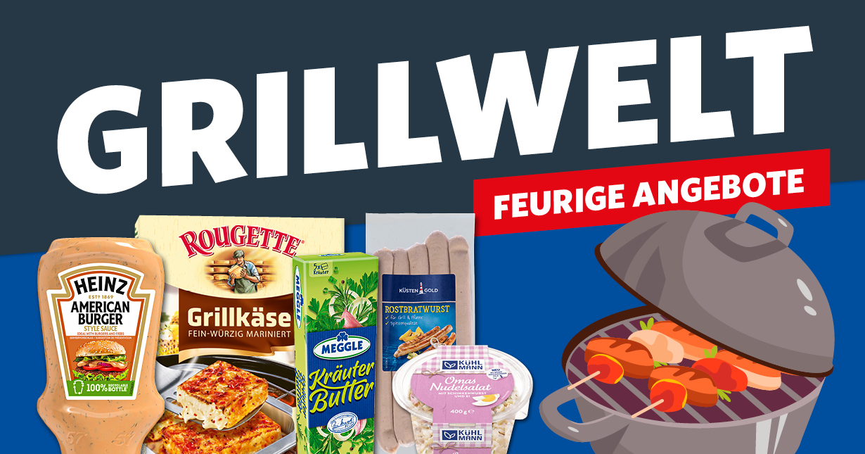 Teaser „Grillwelt – Feurige Angebote“ auf blauem Hintergrund. Abgebildet sind eine Grillwurst, Heinz American Style Sauce, Rougette Grillkäse, Kräuterbutter, Würstchen und weiteres Grillzubehör. Rechts sind bunte Grillspieße zu sehen.