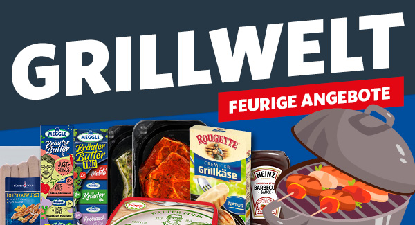 Werbebanner mit der Überschrift „Grillwelt – Feurige Angebote“ sowie verschiedenen Grillprodukten wie Grillkäse, Marinaden, Barbecue-Sauce und Kräuterbutter vor einer Grillillustration.