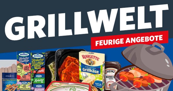 Werbebanner mit der Überschrift „Grillwelt – Feurige Angebote“ sowie verschiedenen Grillprodukten wie Grillkäse, Marinaden, Barbecue-Sauce und Kräuterbutter vor einer Grillillustration.