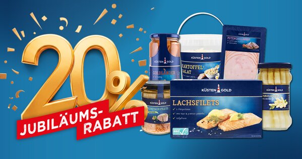 Werbebanner mit der Aufschrift „20 % Jubiläumsrabatt“ und einer Auswahl verschiedener Küstengold-Produkte auf blauem Hintergrund.