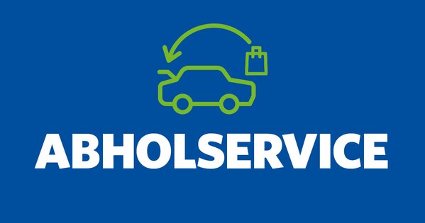 Blaue Grafik mit Symbol eines Autos und Einkaufstasche sowie Schriftzug „Abholservice“. Hinweis auf bequemen Online-Bestell- und Abholservice bei Combi und Famila.