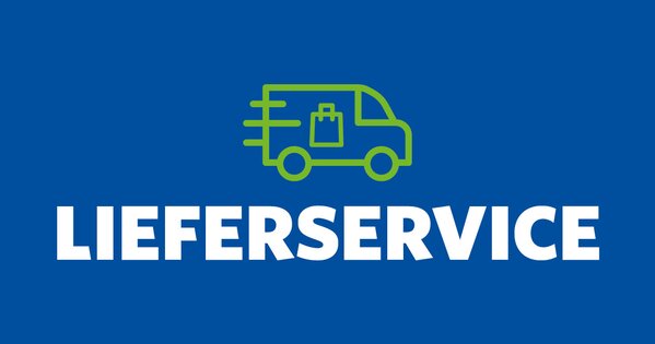 Blaue Grafik mit Lieferwagen-Symbol und Einkaufstasche sowie Schriftzug „Lieferservice“. Hinweis auf den Lieferservice von Combi und Famila für Online-Bestellungen direkt nach Hause