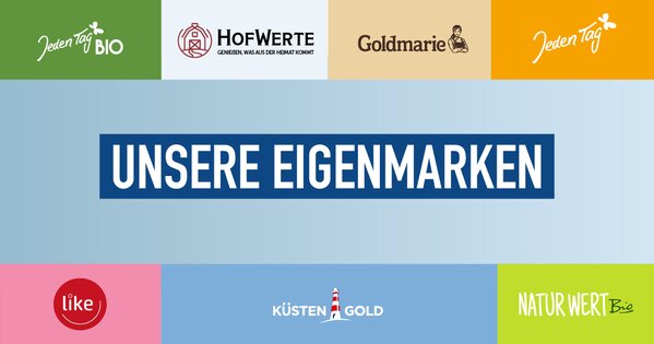 Grafik mit Logos der Eigenmarken von Combi und Famila, darunter Jeden Tag, Jeden Tag Bio, HofWerte, Goldmarie, NaturWert Bio, Küstengold und Like.
