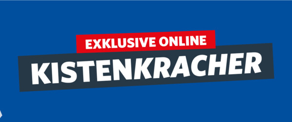 Blauer Hintergrund mit Illustrationen von Kronkorken und einer Überschrift "Exklusiv online – Kistenkracher" und ein grüner Störer mit der Info "Pfrand zurück? – machen wir!"