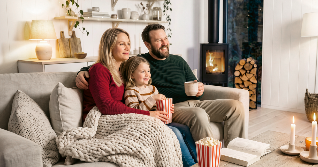 Eine dreiköpfige Familie – Mutter, Vater und Kind – sitzt lächelnd auf einem beigen Sofa unter einer dicken Strickdecke. Das Mädchen hält eine rot-weiß gestreifte Popcorntüte, während der Vater eine Tasse in der Hand hält. Im gemütlichen Wohnzimmer im Hintergrund brennt ein Kaminofen, und auf dem Tisch im Vordergrund stehen brennende Kerzen und weiteres Popcorn.