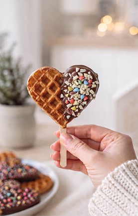 Herzförmige Lebkuchenwaffel am Holzstiel, zur Hälfte mit Vollmilchschokolade glasiert und mit bunten Streuseln verziert