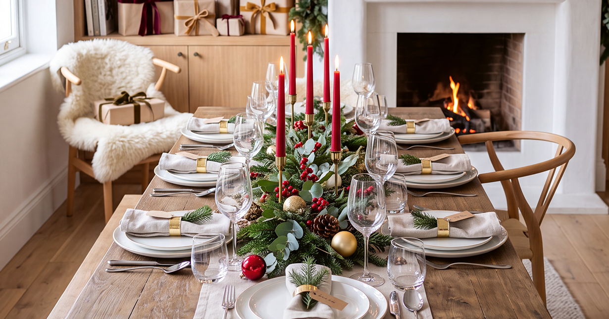 Festlich gedeckte weihnachtliche Festtafel mit brennenden roten Stabkerzen, Tannengrün und Kaminfeuer im Hintergrund