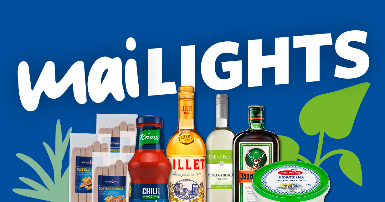 Banner mit dem Schriftzug „MaiLights“ und verschiedenen Lebensmitteln sowie Getränken auf blauem Hintergrund