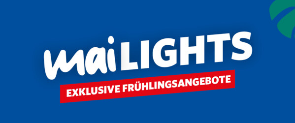 Banner mit dem Schriftzug „MaiLights – Exklusive Frühlingsangebote“ auf blauem Hintergrund mit floralen Elementen