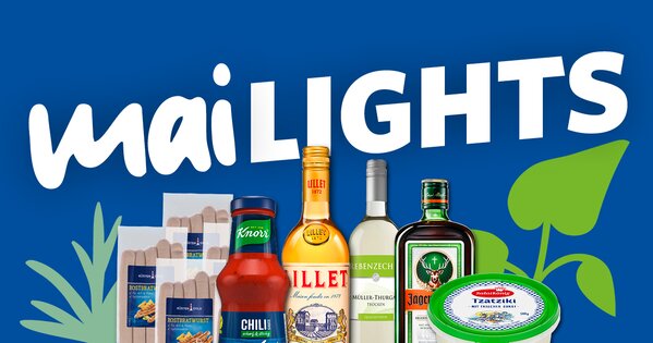 Banner mit dem Schriftzug „MaiLights“ und verschiedenen Lebensmitteln sowie Getränken auf blauem Hintergrund