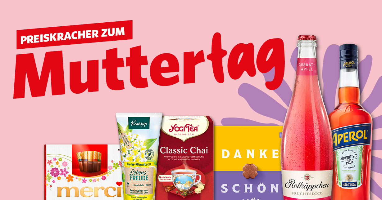 Banner mit Muttertags-Angeboten wie Merci Schokolade, Tee, Sekt und Aperol auf rosa Hintergrund