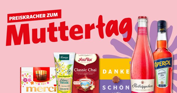 Banner mit Muttertags-Angeboten wie Merci Schokolade, Tee, Sekt und Aperol auf rosa Hintergrund