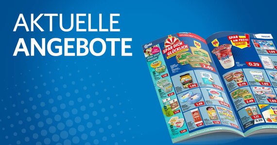 Combi Aktuelle Angebote. Blaue Grafik mit Schriftzug „Aktuelle Angebote" und einem Prospekt auf dem Artikel abgebildet sind.