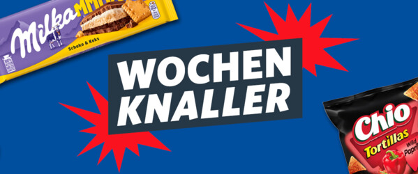 Header mit Produktbildern der Wochenknaller wie Bifi, Philadelphia, Milka, Coca Cola, Chio Chips und Kölln Flocken 