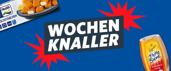Banner mit der Aufschrift „Wochenknaller“ sowie verschiedenen Angebotsprodukten auf blauem Hintergrund.