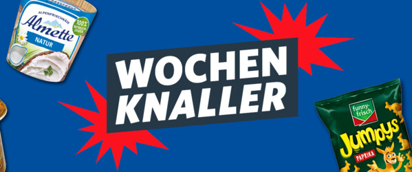 Banner aktuelle Wochenknaller Angeboten wie z. B.  Frischkäse, Pizza, Mineralwasser, Chips