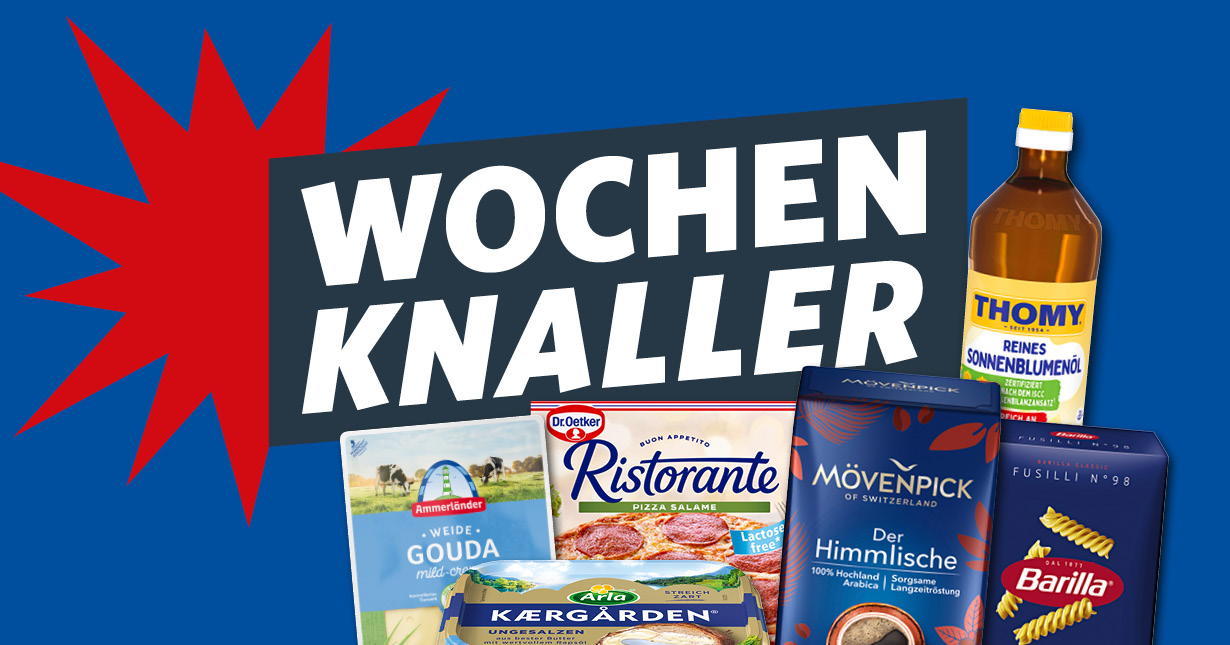 Blauer Werbeteaser mit dem Schriftzug „Wochenknaller“ und verschiedenen Markenprodukten, darunter Thomy Sonnenblumenöl, Ristorante Pizza, Mövenpick-Eis und Gouda.