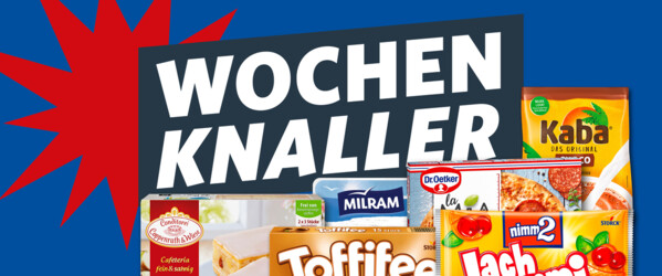 Banner mit der Aufschrift „Wochenknaller“ und einer Auswahl verschiedener Aktionsprodukte auf blauem Hintergrund.