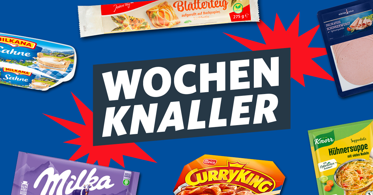 Teaser mit „Wochenknaller“-Angeboten und verschiedenen Lebensmitteln wie Schokolade, Aufschnitt und Fertiggerichten  👉 kürzer: