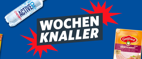 Banner mit Wochenknaller-Angeboten und verschiedenen Lebensmitteln auf blauem Hintergrund