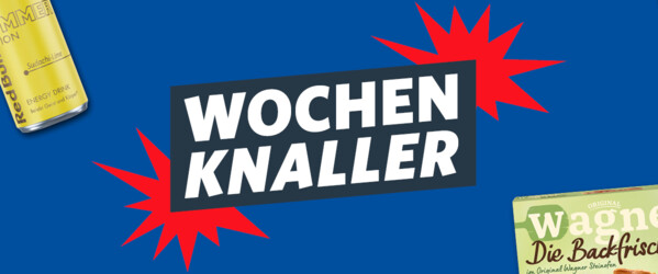 Blauer Werbebanner mit dem Schriftzug „Wochenknaller“ und verschiedenen Markenprodukten wie Kaffee, Nudeln, Käse und Backwaren. Banner für aktuelle Wochenangebote.