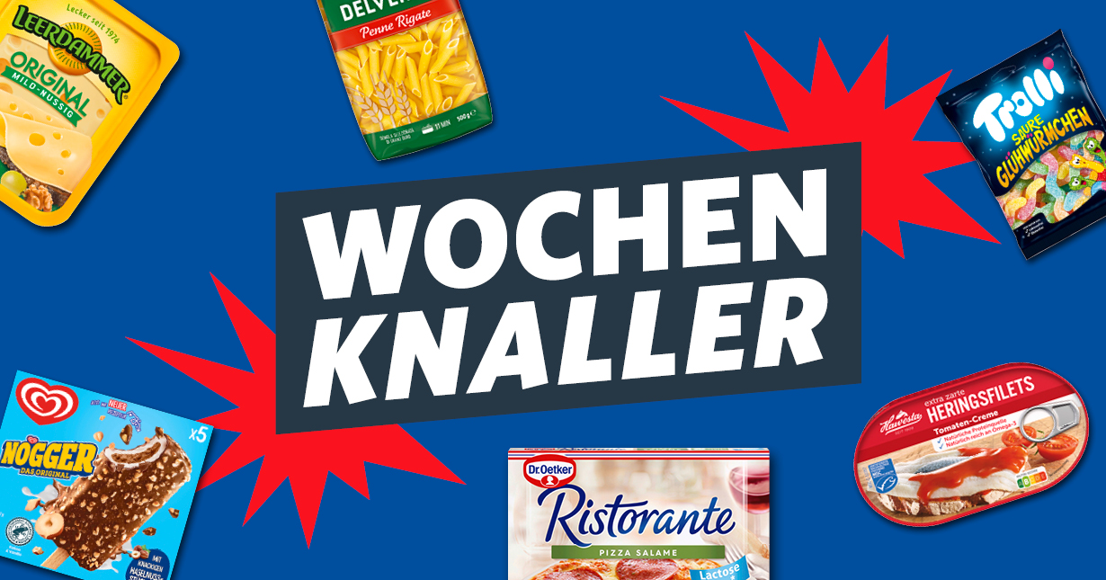 Teaser mit der Aufschrift „Wochenknaller“ und verschiedenen Aktionsprodukten wie Heringsfilets, Tiefkühlpizza, Pommes, Eis und Snacks zu attraktiven Angeboten.