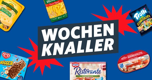 Teaser mit der Aufschrift „Wochenknaller“ und verschiedenen Aktionsprodukten wie Heringsfilets, Tiefkühlpizza, Pommes, Eis und Snacks zu attraktiven Angeboten.