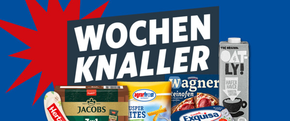 Wochenknaller-Aktionsmotiv mit verschiedenen Lebensmitteln und Getränken vor blauem Hintergrund.