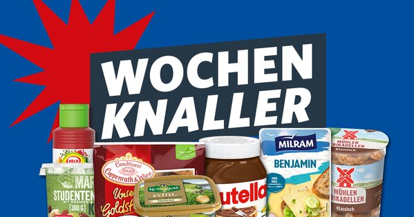 Blauer Wochenknaller-Banner mit auffälligem Wochenknaller-Schriftzug und einer Auswahl verschiedener Lebensmittel und Markenprodukte im unteren Bereich.